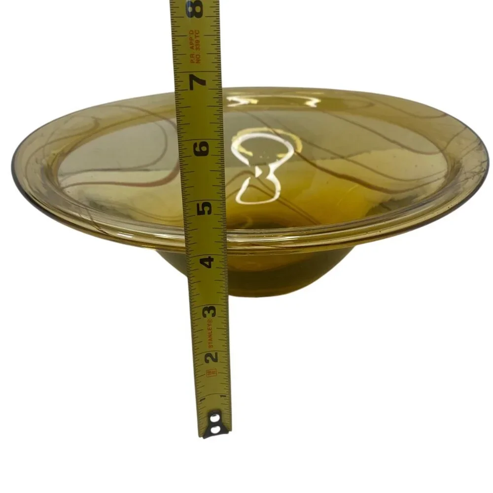 Amber Yellow Art Glass Decorative Fruit Bowl‎ Swirl Hand-Blown Mexico 12